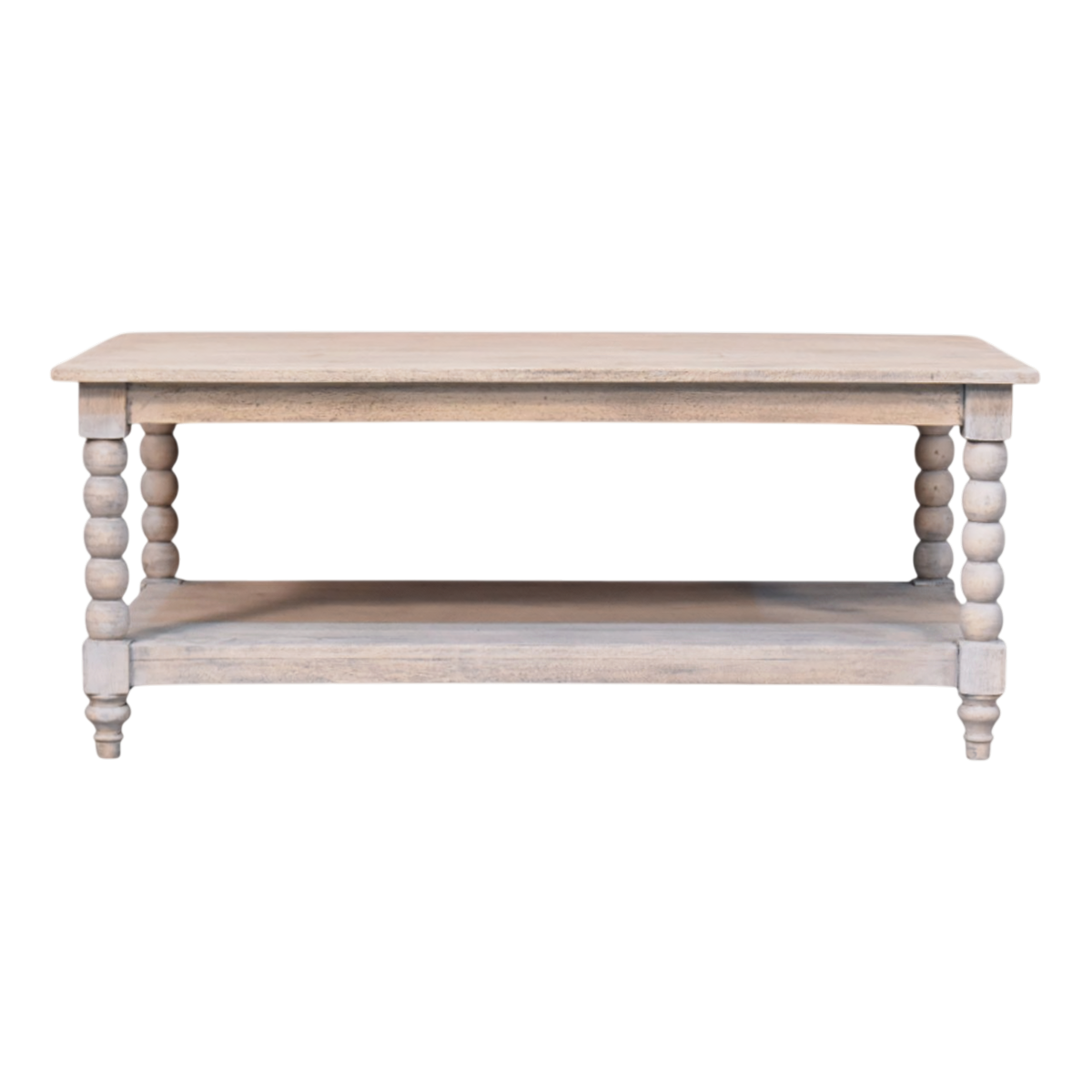 Langham Coffee Table in Salt, front view. Solid hardwood throughout, washed salt finish left deliberately weathered, carved spindle legs.