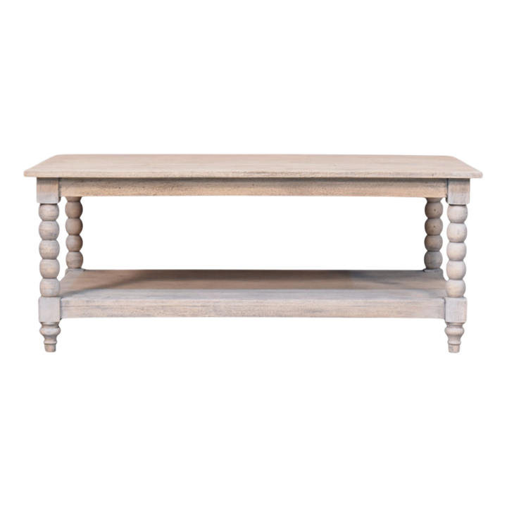 Langham Coffee Table in Salt, front view. Solid hardwood throughout, washed salt finish left deliberately weathered, carved spindle legs.
