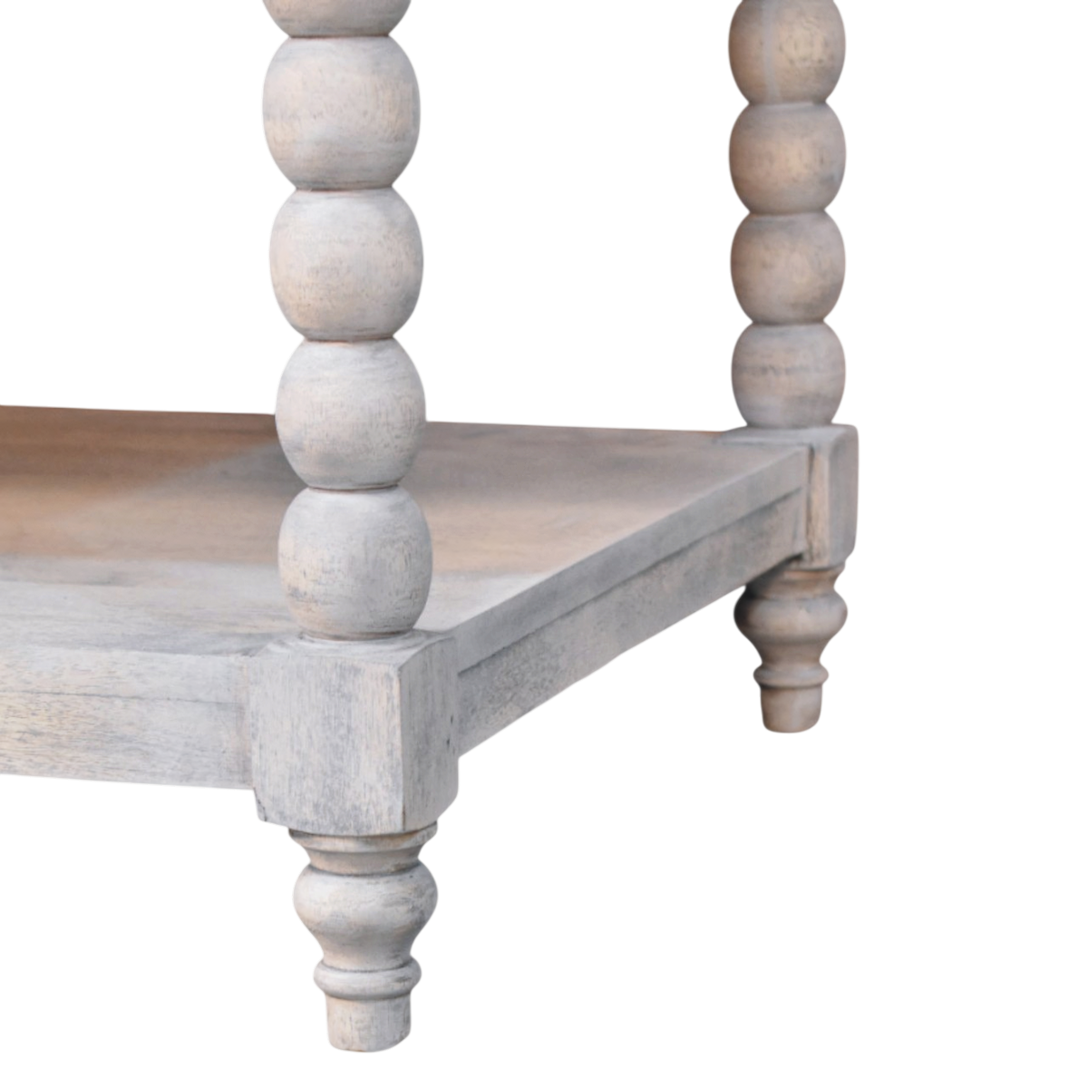 Close view of the bobbin turning on the Langham Coffee Table in Salt.