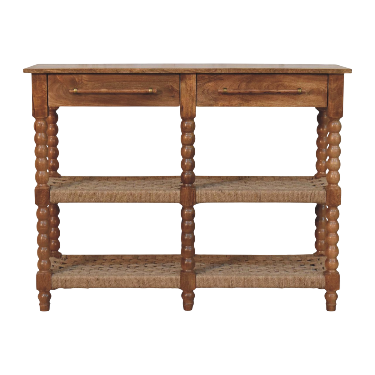 Langham Console Table with Jute Shelves in Amber, front view. Amber hardwood, spindle legs and woven jute shelves.