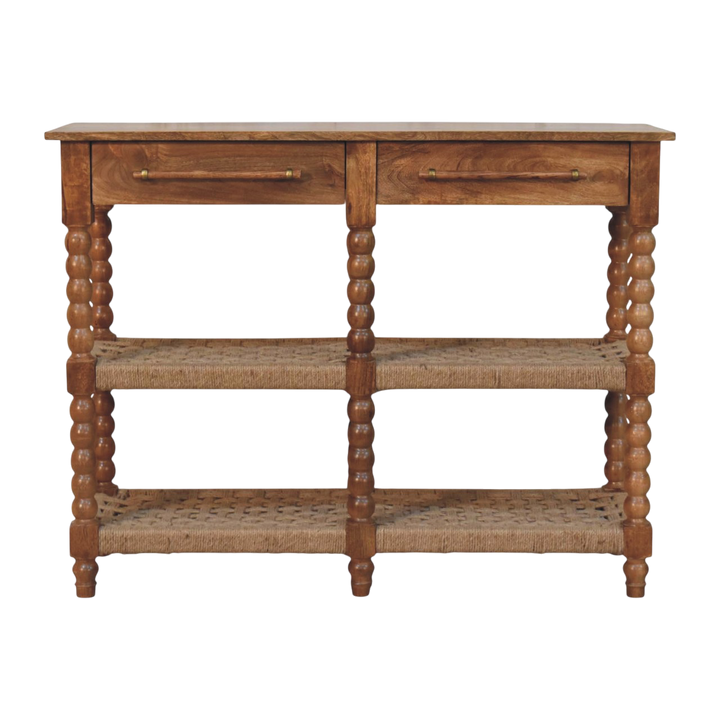 Langham Console Table with Jute Shelves in Amber, front view. Amber hardwood, spindle legs and woven jute shelves.