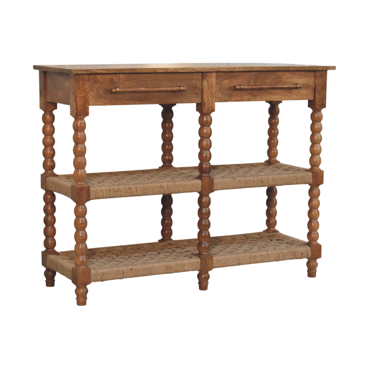 Langham Console Table with Jute Shelves in Amber, three-quarter view showing the full profile.