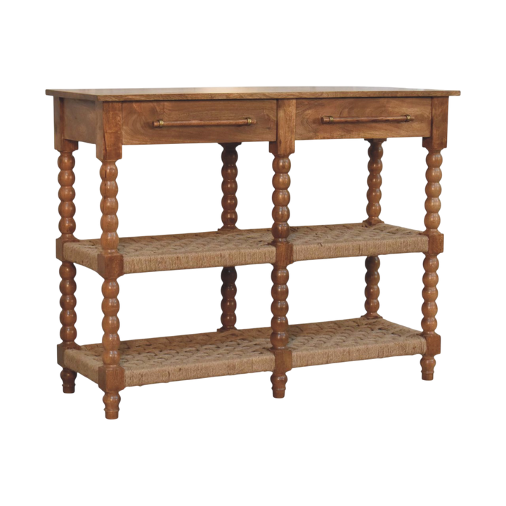 Langham Console Table with Jute Shelves in Amber, three-quarter view showing the full profile.