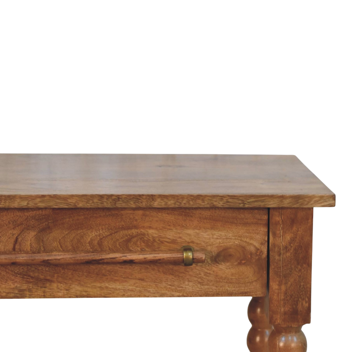 Close view of the grain on the tabletop on the Langham Console Table with Jute Shelves in Amber.