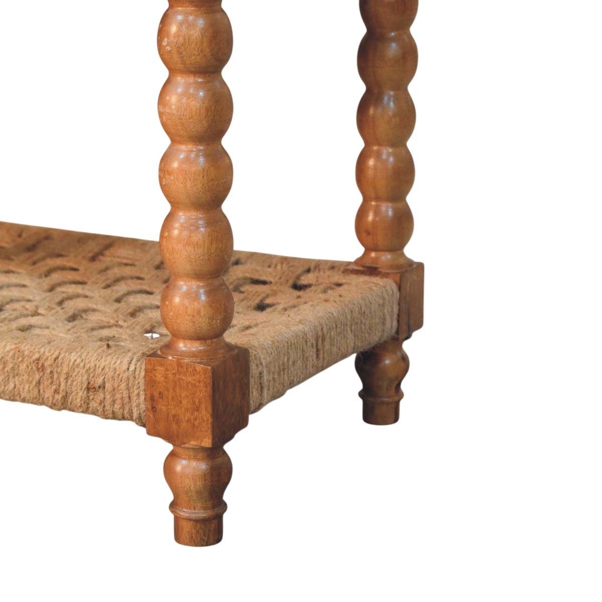 Close view of the woven texture on the Langham Console Table with Jute Shelves in Amber.