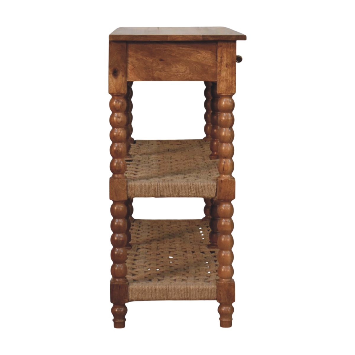 Langham Console Table with Jute Shelves in Amber, side view showing the depth.