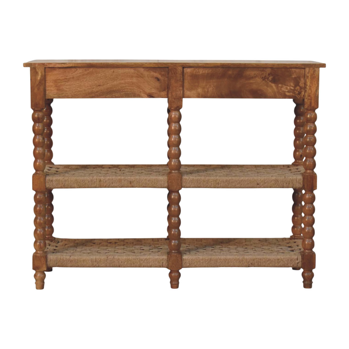 Langham Console Table with Jute Shelves in Amber, viewed from the back.