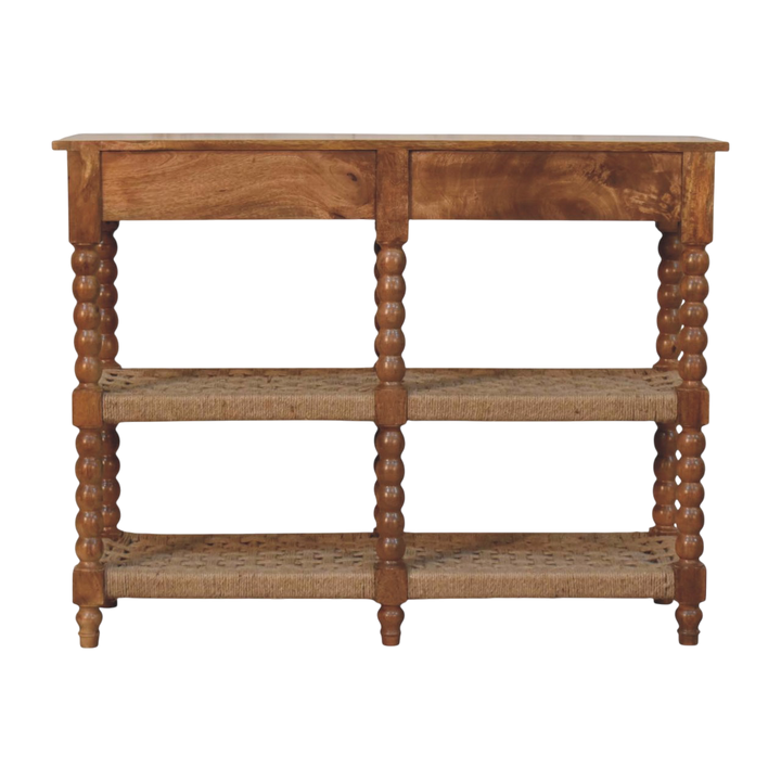 Langham Console Table with Jute Shelves in Amber, viewed from the back.