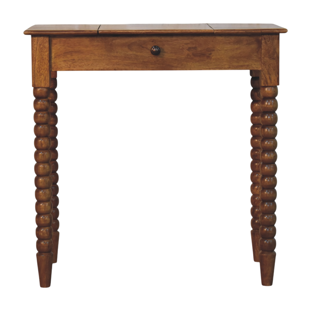 Langham Dressing Table in Amber, front view. Solid hardwood throughout in an amber finish, legs turned in a bobbin pattern.