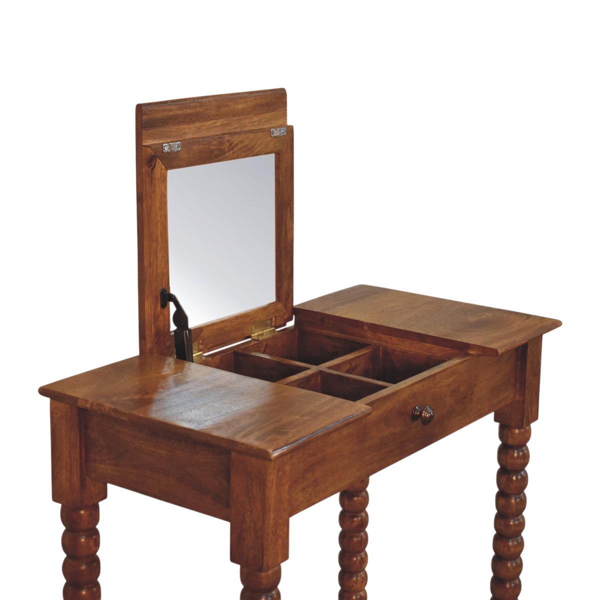Langham Dressing Table in Amber, shown with the lid open.