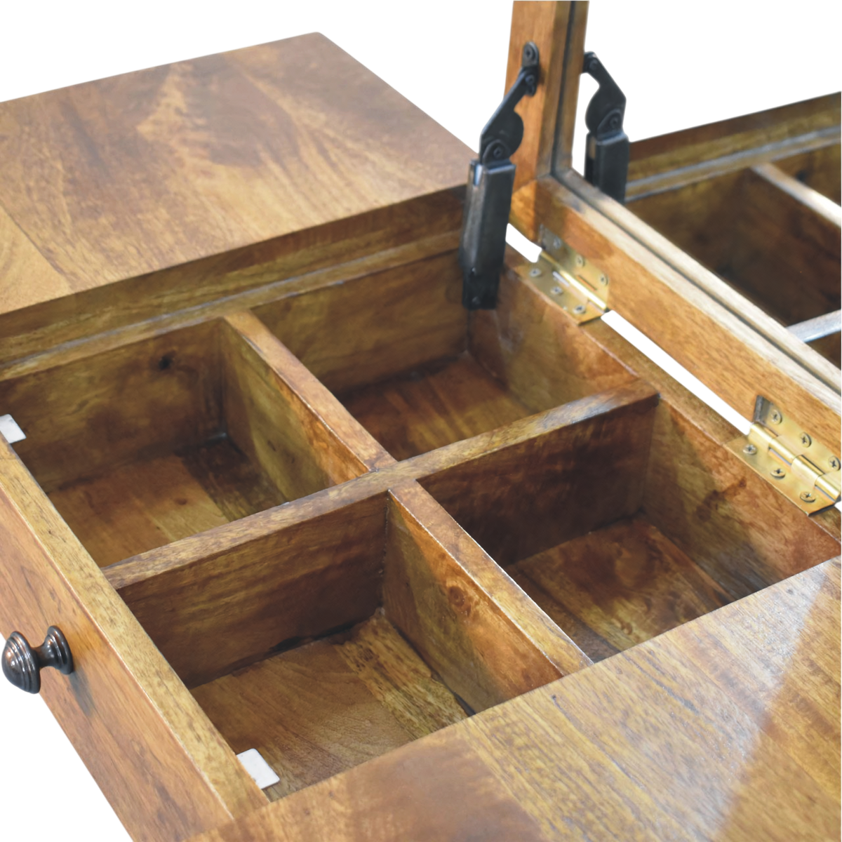 Close view of the interior on the Langham Dressing Table in Amber.