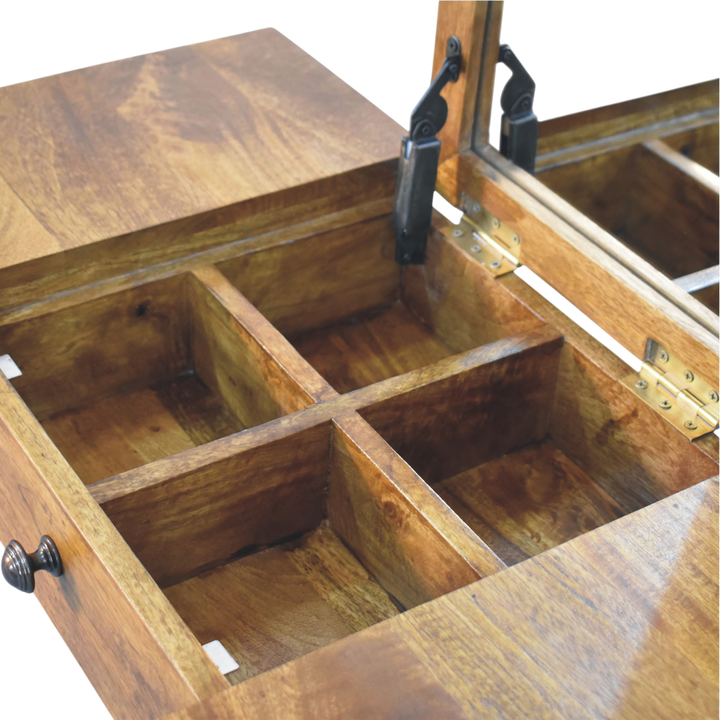 Close view of the interior on the Langham Dressing Table in Amber.