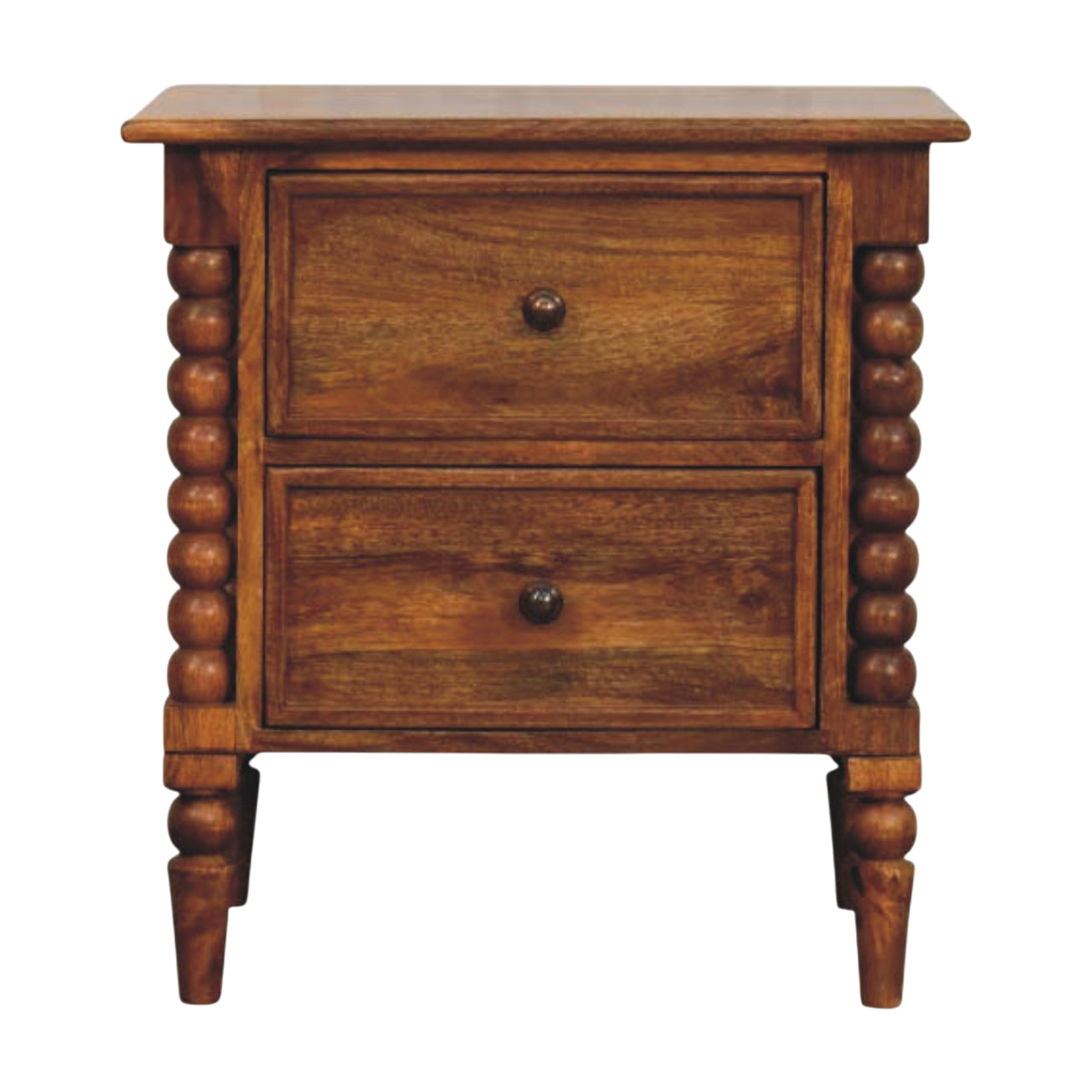 Langham Grand 2-Drawer Bedside Table in Amber, front view. 100% solid hardwood in a warm amber finish, two drawers with brass knobs, turned spindle legs.