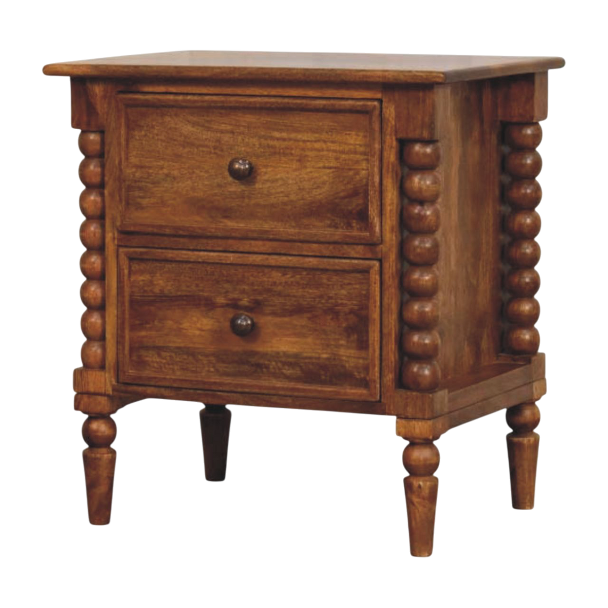 Langham Grand 2-Drawer Bedside Table in Amber, three-quarter view showing the full profile.