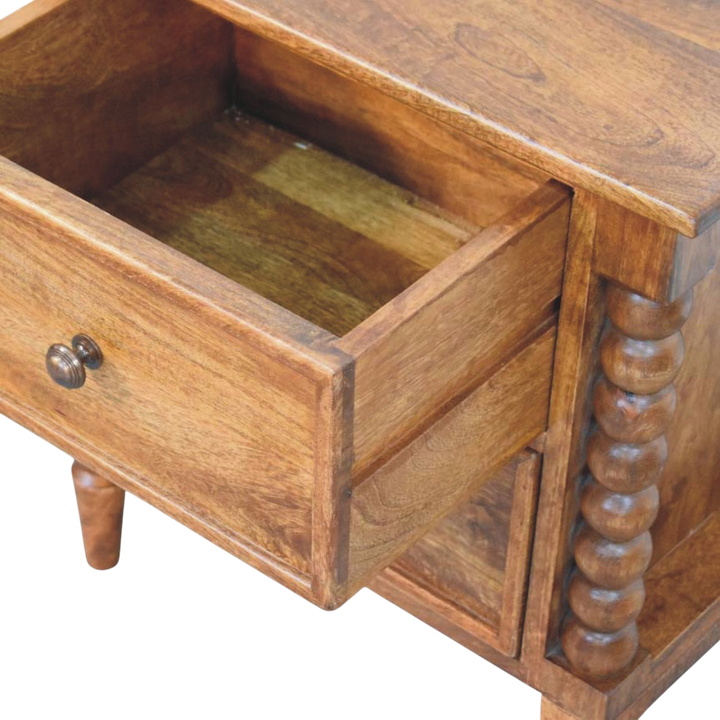 Langham Grand 2-Drawer Bedside Table in Amber, shown with a drawer open.