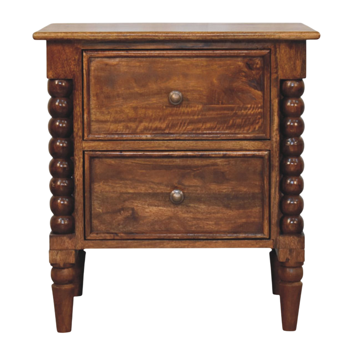 Langham Grand 2-Drawer Bedside Table in Russet, front view. Russet hardwood with spindle-turned beading and tapered legs.
