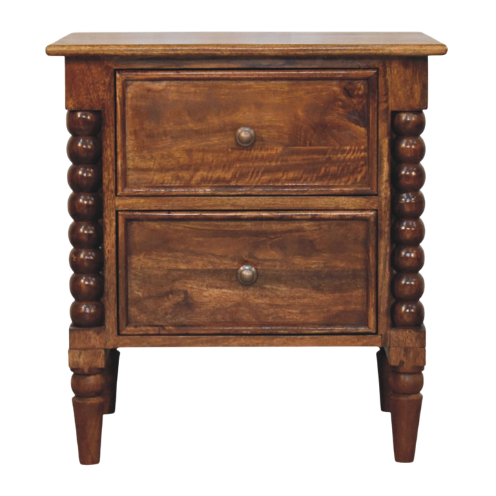 Langham Grand 2-Drawer Bedside Table in Russet, front view. Russet hardwood with spindle-turned beading and tapered legs.