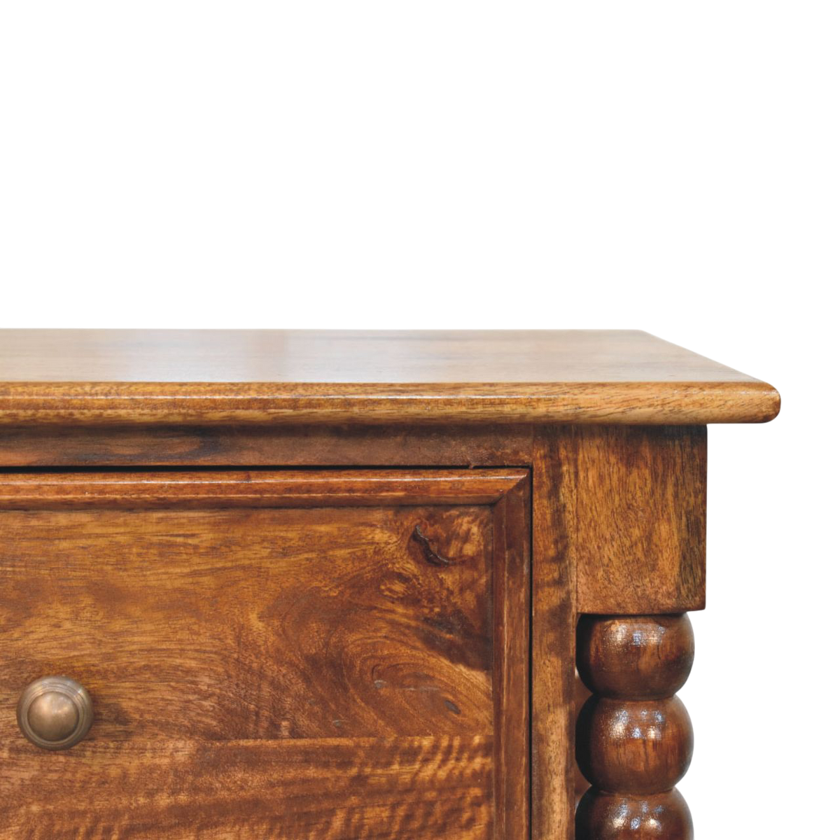 Close view of the drawer front and knob on the Langham Grand 2-Drawer Bedside Table in Russet.