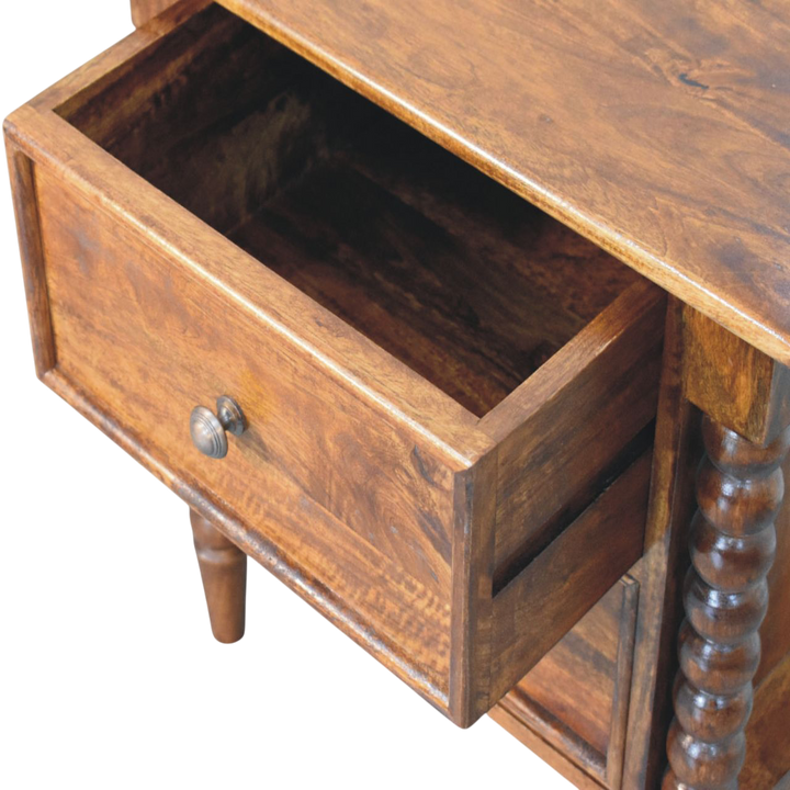 Langham Grand 2-Drawer Bedside Table in Russet, shown with a drawer open.