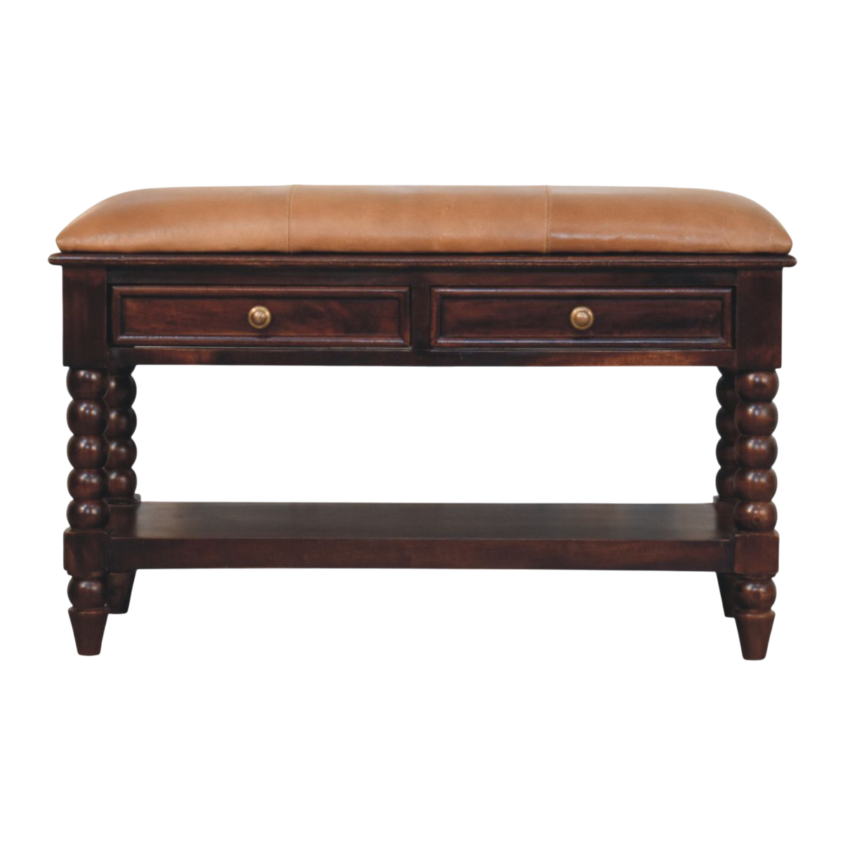 Langham Hall Bench in Claret with Caramel Leather, front view. Claret spindle legs with a caramel leather seat.