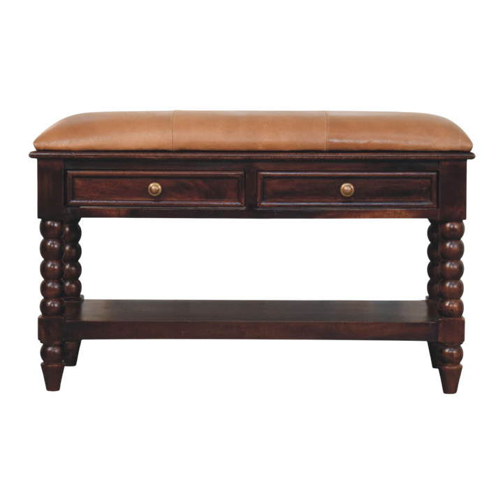 Langham Hall Bench in Claret with Caramel Leather, front view. Claret spindle legs with a caramel leather seat.