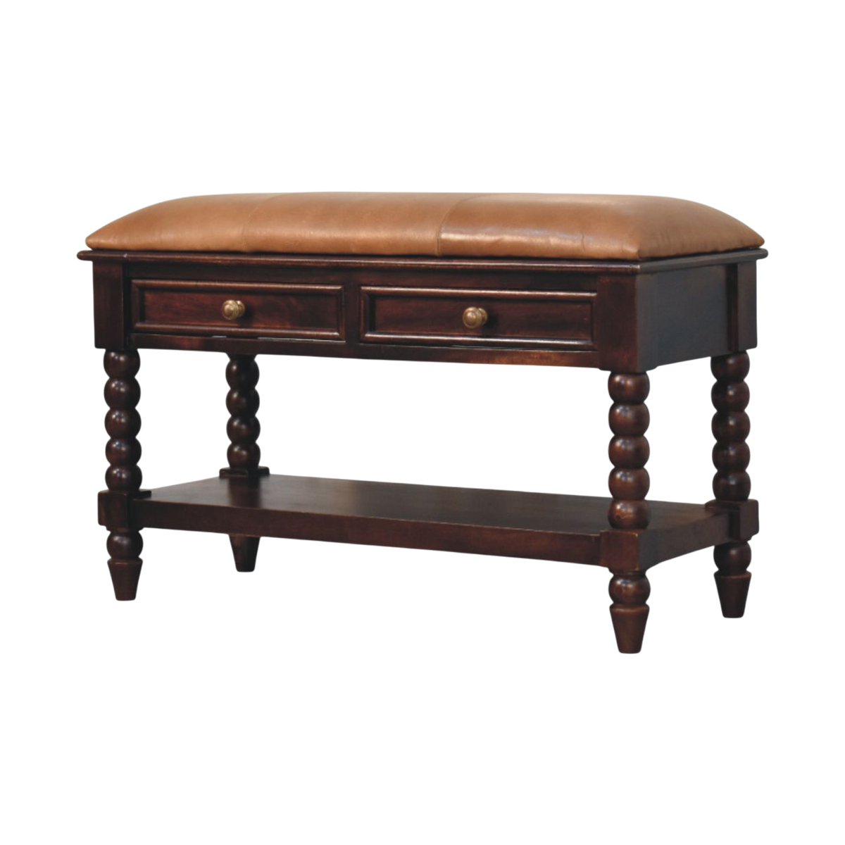 Langham Hall Bench in Claret with Caramel Leather, three-quarter view showing the full profile.