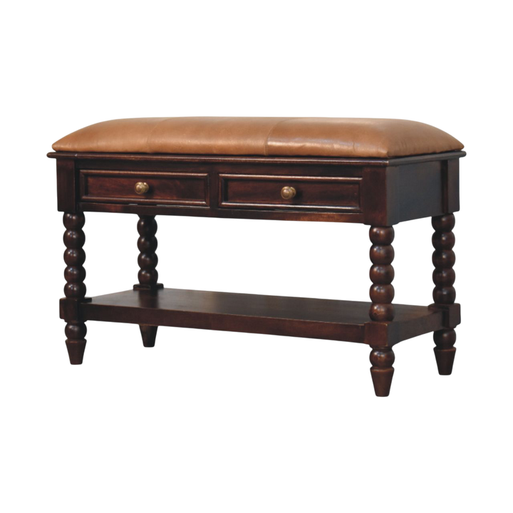 Langham Hall Bench in Claret with Caramel Leather, three-quarter view showing the full profile.