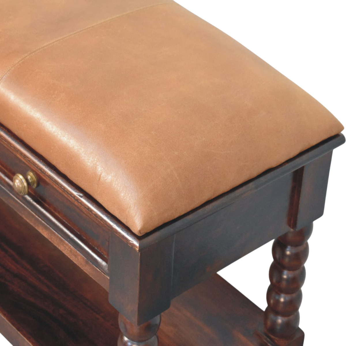Close view of the upholstered seat on the Langham Hall Bench in Claret with Caramel Leather.