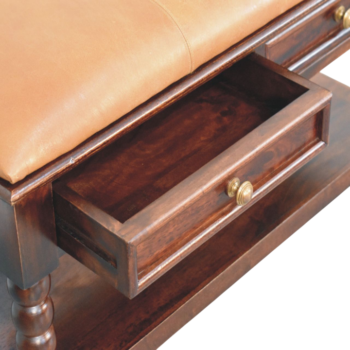 Langham Hall Bench in Claret with Caramel Leather, shown with a drawer open.
