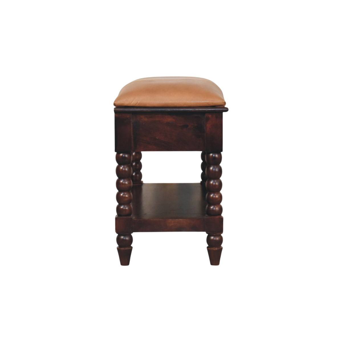 Langham Hall Bench in Claret with Caramel Leather, side view showing the depth.