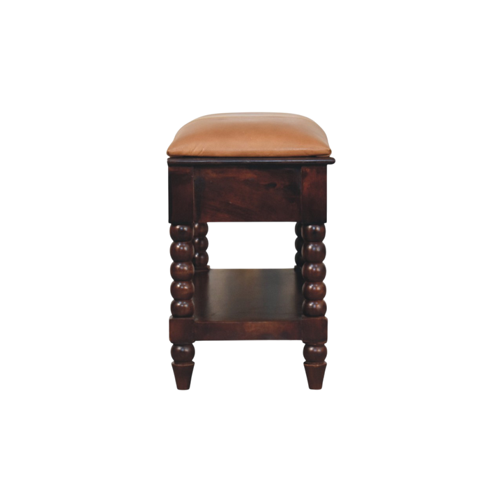 Langham Hall Bench in Claret with Caramel Leather, side view showing the depth.