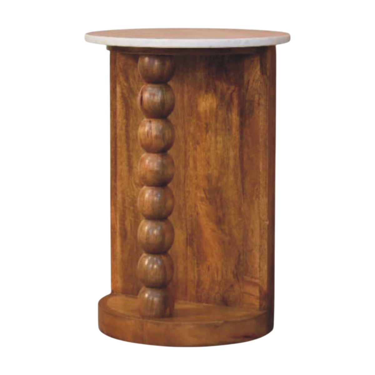 Langham Marble Side Table in Amber, front view. Marble top on a 100% solid hardwood base in a warm amber finish, turned spindle support, curved foot.