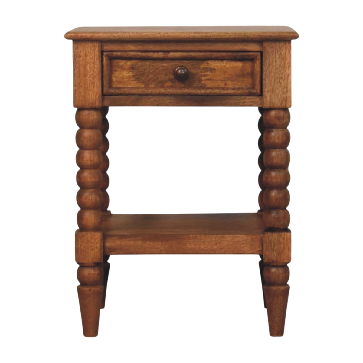Langham Open Bedside Table in Amber, front view. 100% solid hardwood in a warm amber finish, one drawer on a turned wooden knob, open shelf beneath.
