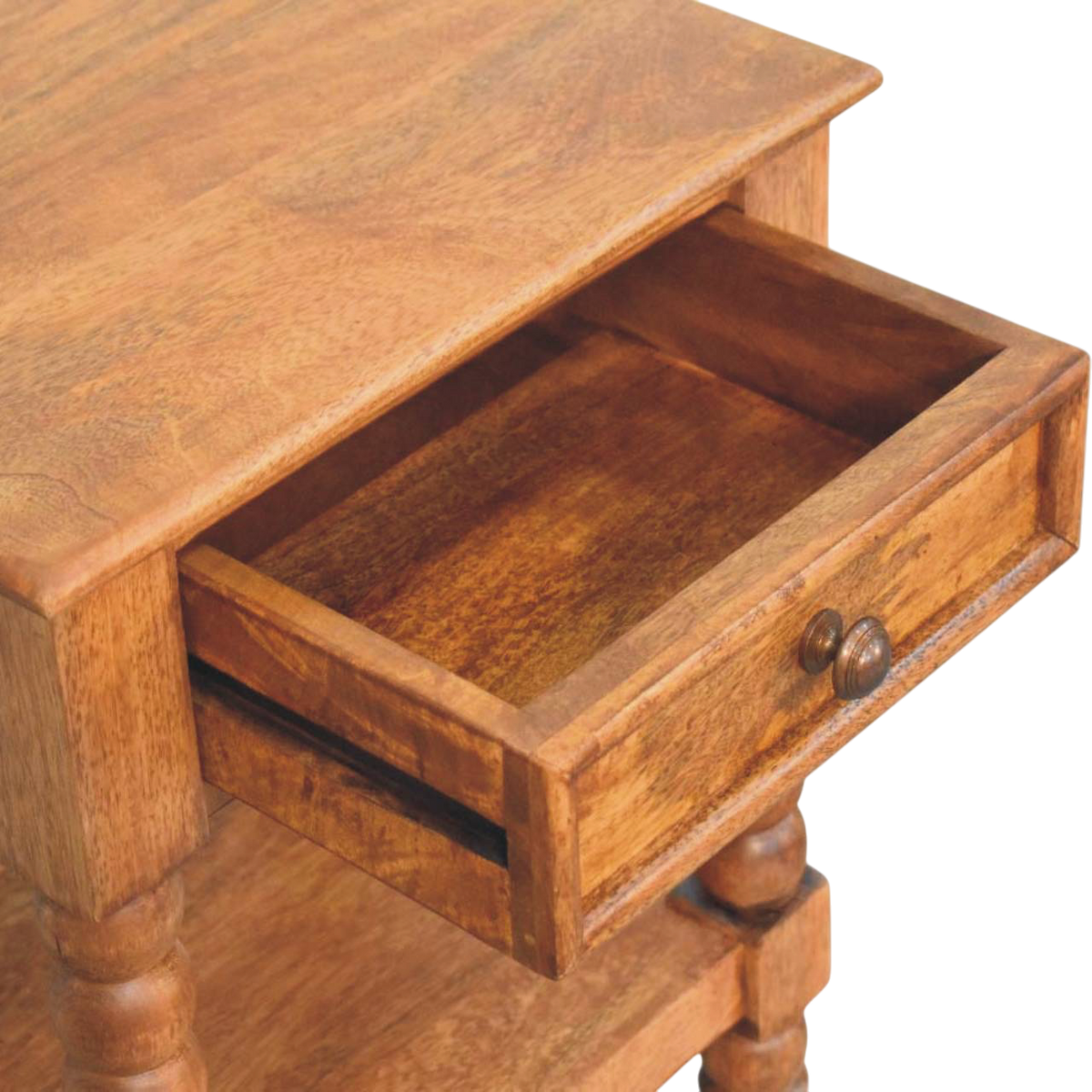 Langham Open Bedside Table in Amber, shown with a drawer open.
