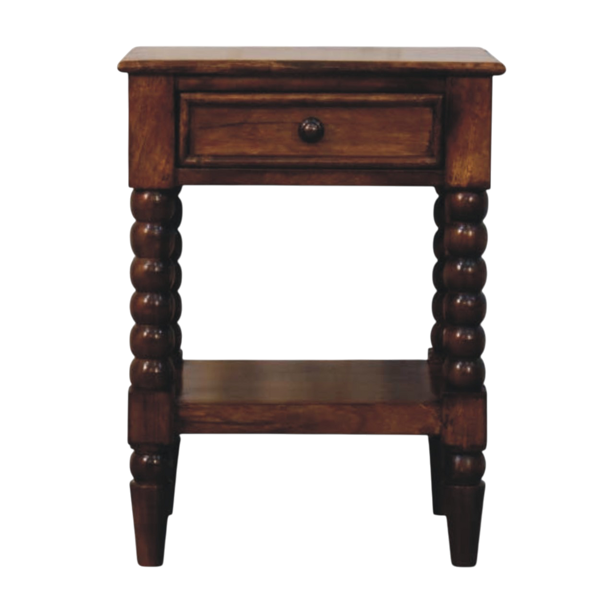 Langham Open Bedside Table in Russet, front view. Russet hardwood with turned spindle legs and an open shelf.