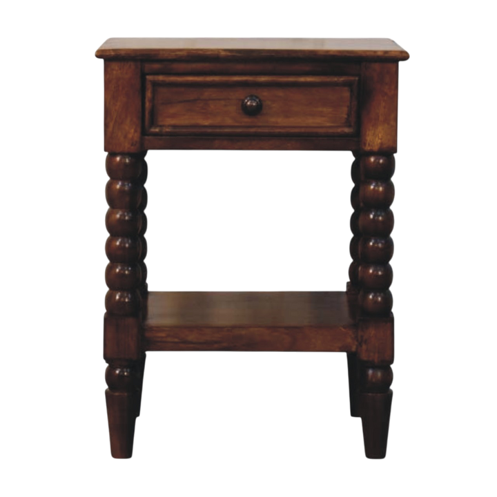 Langham Open Bedside Table in Russet, front view. Russet hardwood with turned spindle legs and an open shelf.