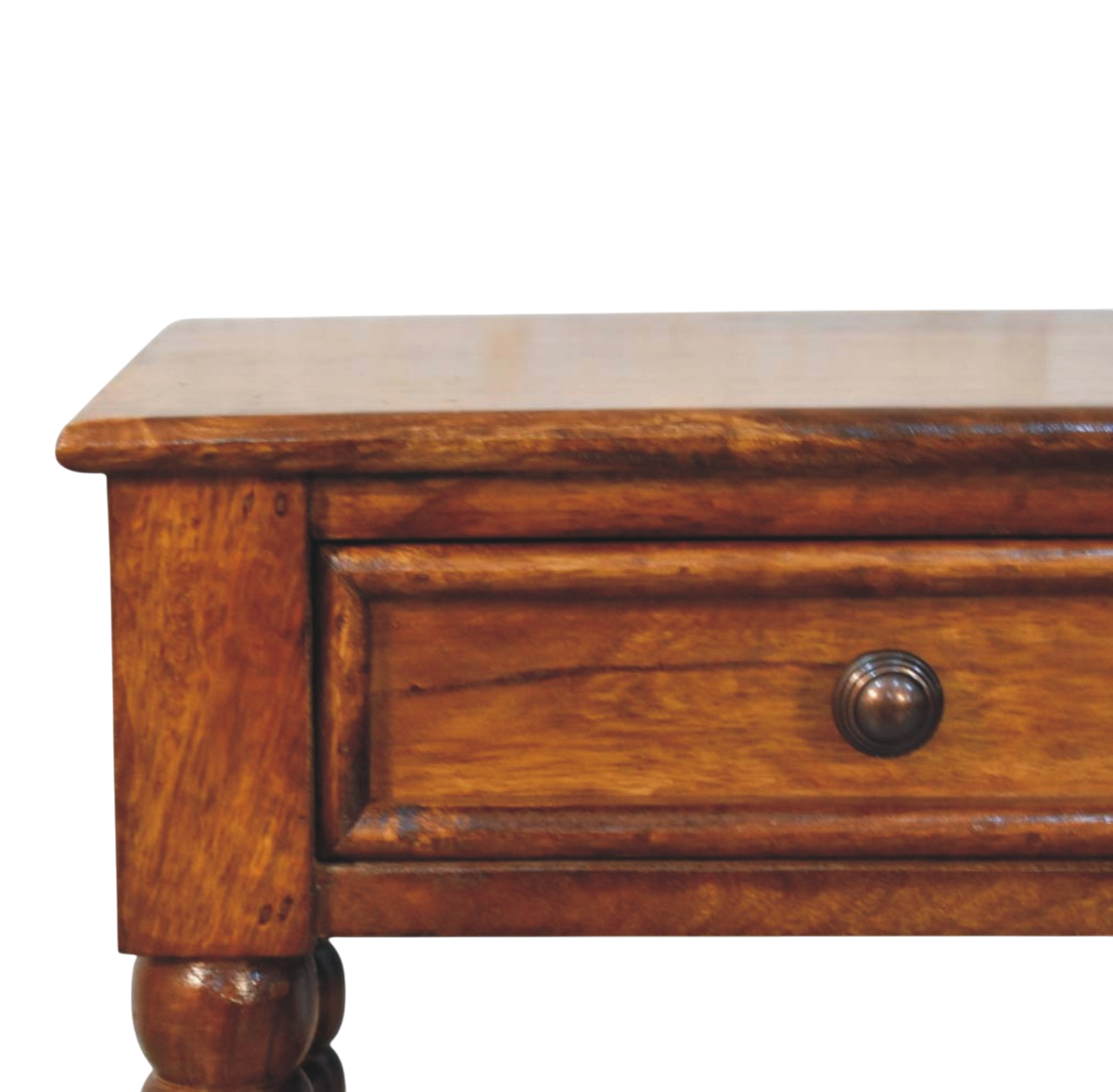 Close view of the drawer front and knob on the Langham Open Bedside Table in Russet.