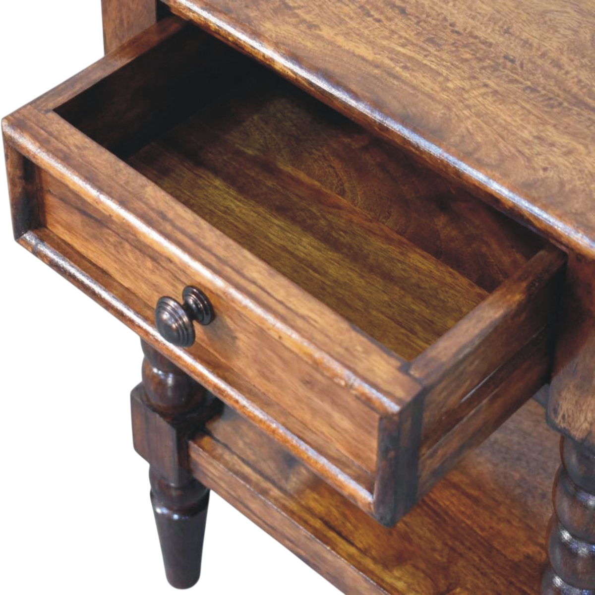 Langham Open Bedside Table in Russet, shown with a drawer open.