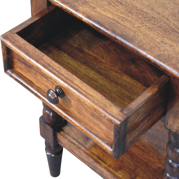 Langham Open Bedside Table in Russet, shown with a drawer open.