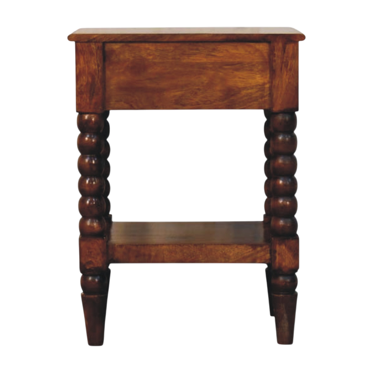 Langham Open Bedside Table in Russet, viewed from the back.