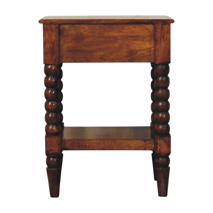Langham Open Bedside Table in Russet, viewed from the back.