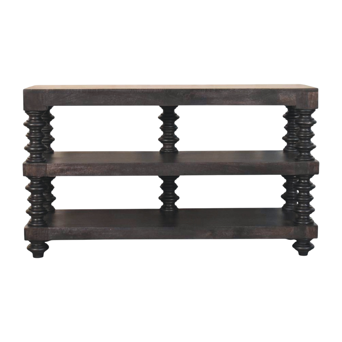 Langham Open Shelf Console in Charcoal, front view. 100% solid hardwood in a deep charcoal finish, three open shelves, turned spindle pillars.