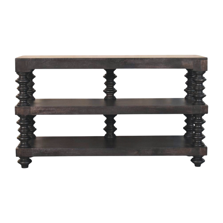 Langham Open Shelf Console in Charcoal, front view. 100% solid hardwood in a deep charcoal finish, three open shelves, turned spindle pillars.