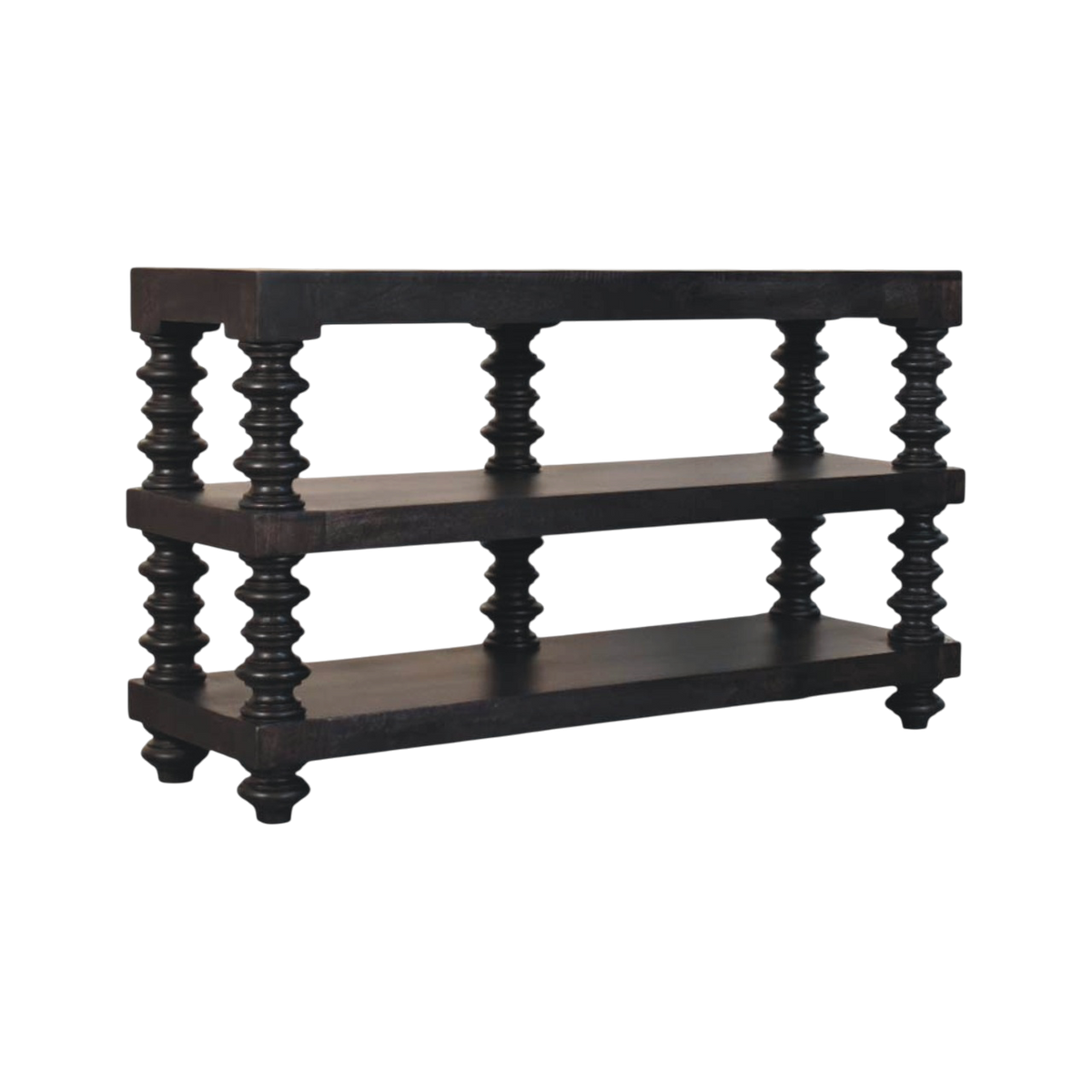 Langham Open Shelf Console in Charcoal, three-quarter view showing the full profile.
