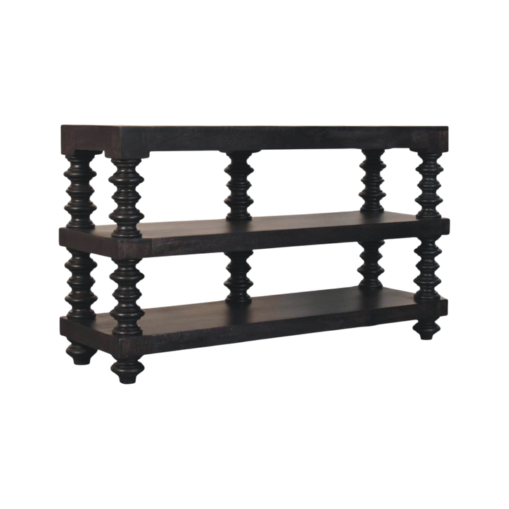 Langham Open Shelf Console in Charcoal, three-quarter view showing the full profile.