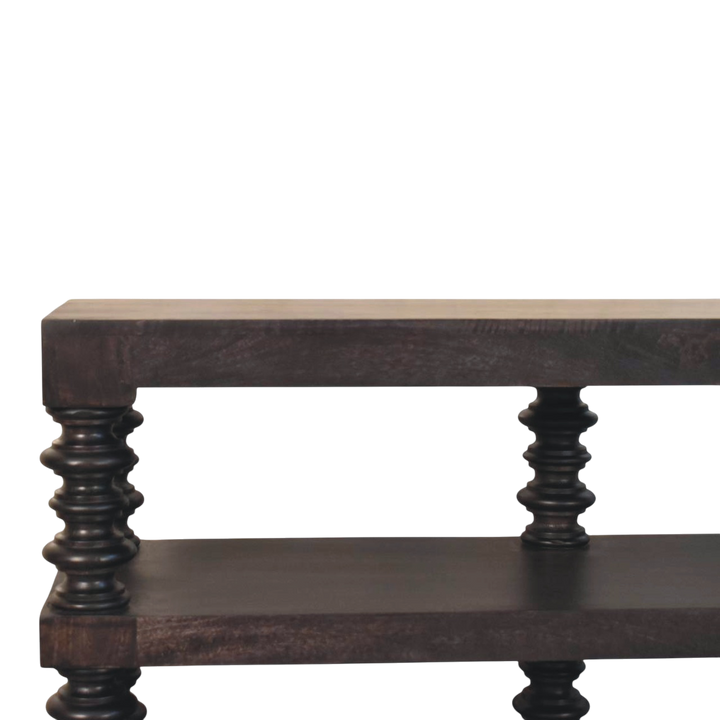 Close view of the shelf on the Langham Open Shelf Console in Charcoal.