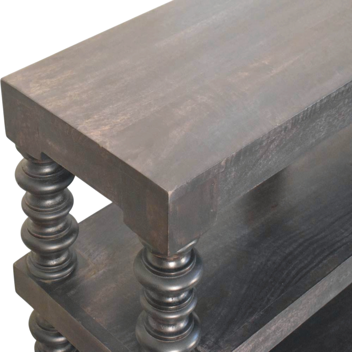 Close view of the top on the Langham Open Shelf Console in Charcoal.