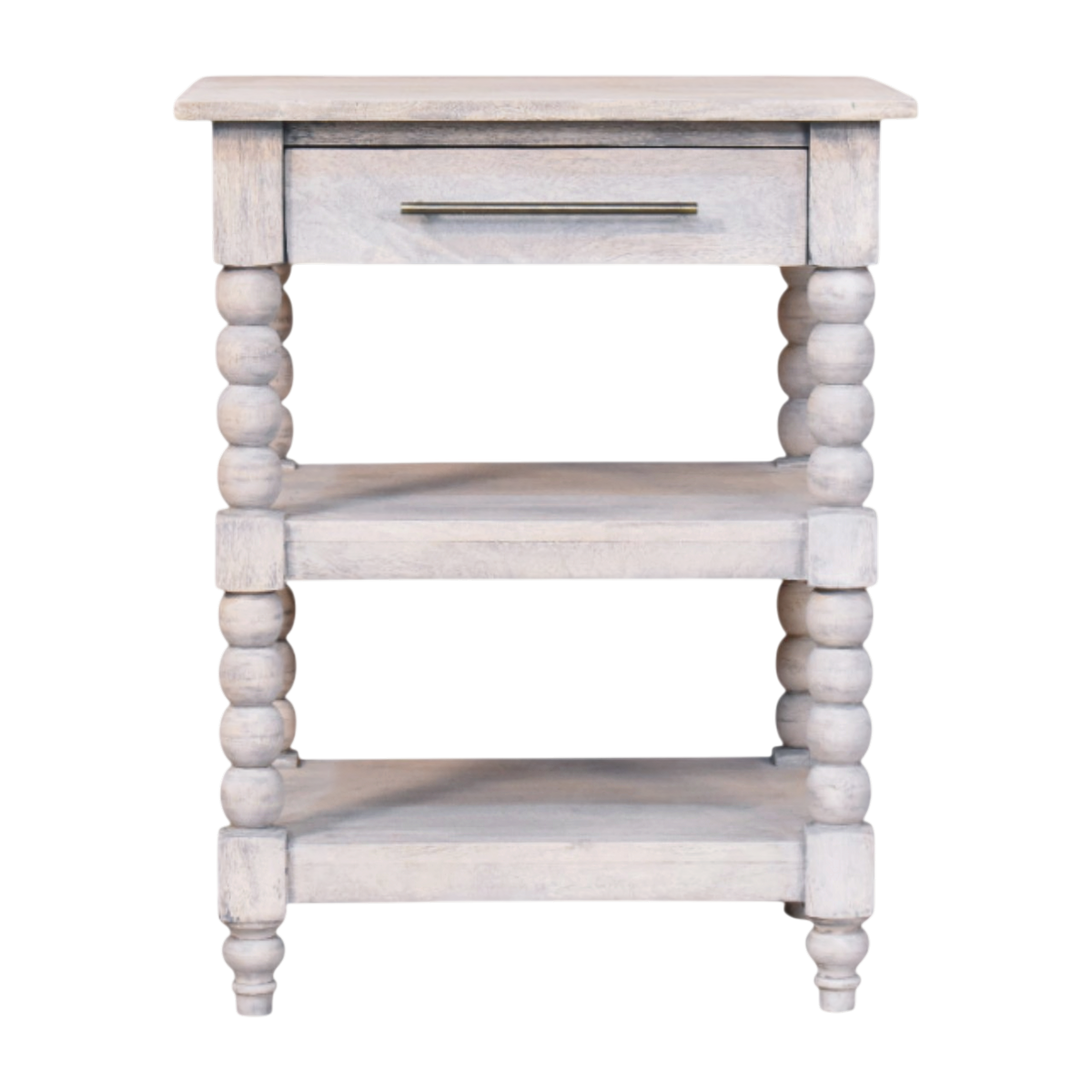 Langham Open Side Table in Salt, front view. Solid hardwood throughout, washed salt finish left deliberately weathered, carved spindle legs.