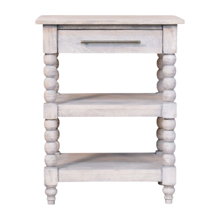 Langham Open Side Table in Salt, front view. Solid hardwood throughout, washed salt finish left deliberately weathered, carved spindle legs.