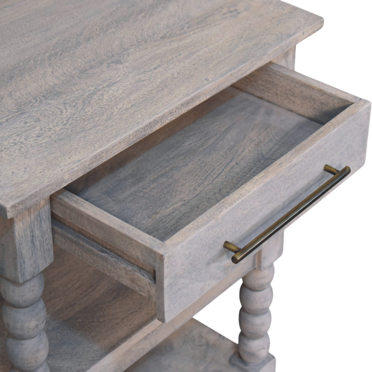 Langham Open Side Table in Salt, shown with a drawer open.